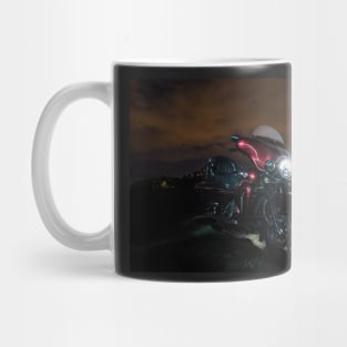 Big American touring motorcycle in Burgundy and Black on a city background at night Mug